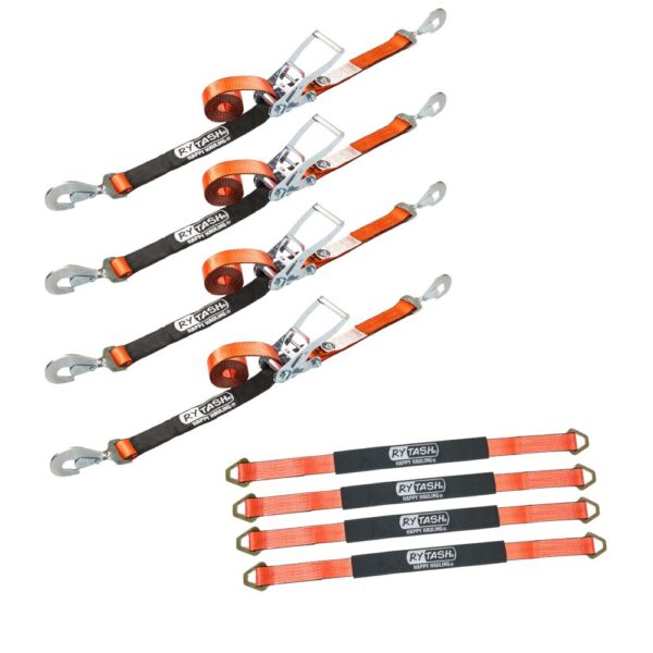 RYTASH Complete Axle Strap Tie Down Kit with Twisted Snap Hook Ratchet Straps - Includes (4) 36 Inch Axle Straps and (4) 114 Inch Snap Hook Ratchet Straps