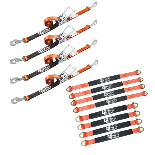 RYTASH Ultimate Axle Strap Tie Down Kit with Twisted Snap Hook Ratchet Straps - Includes (4) 24 Inch Axle Straps, (4) 36 Inch Axle Straps and (4) 114 Inch Snap Hook Ratchet Straps