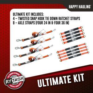 RYTASH Ultimate Axle Strap Tie Down Kit with Twisted Snap Hook Ratchet Straps - Includes (4) 24 Inch Axle Straps, (4) 36 Inch Axle Straps and (4) 114 Inch Snap Hook Ratchet Straps